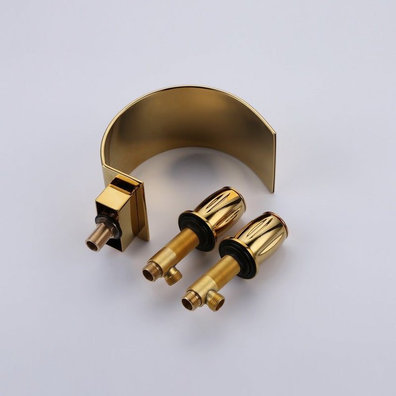 Sprinkle Elegant Waterfall Double Handle Bathroom Sink Faucet Arc Waterfall Spout Bathtub Filler Widespread Bathroom Faucet Gold - Image 2